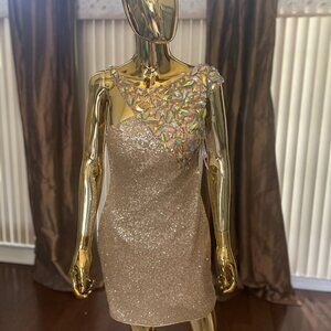One-Should Gold Sequin Cocktail Dress Embellished